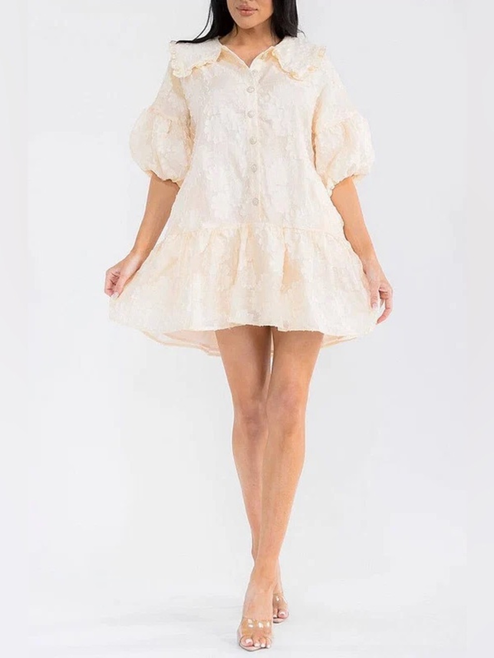 Just Me Cream Floral Jacquard Puff-Sleeve Collar Baby Doll Dress Size Large